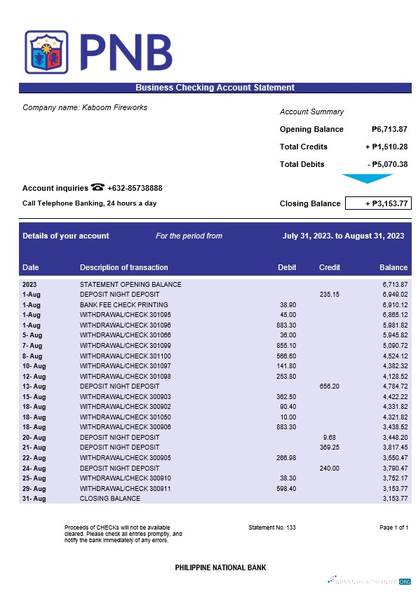Download Philippine National Bank Business statement Word and PDF template Photoshop template
